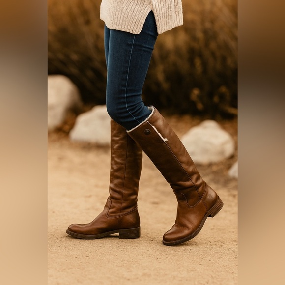 EUC FRYE Mara Button Tall Shearling Lined Chocolate Brown Leather Boots - Picture 1 of 16